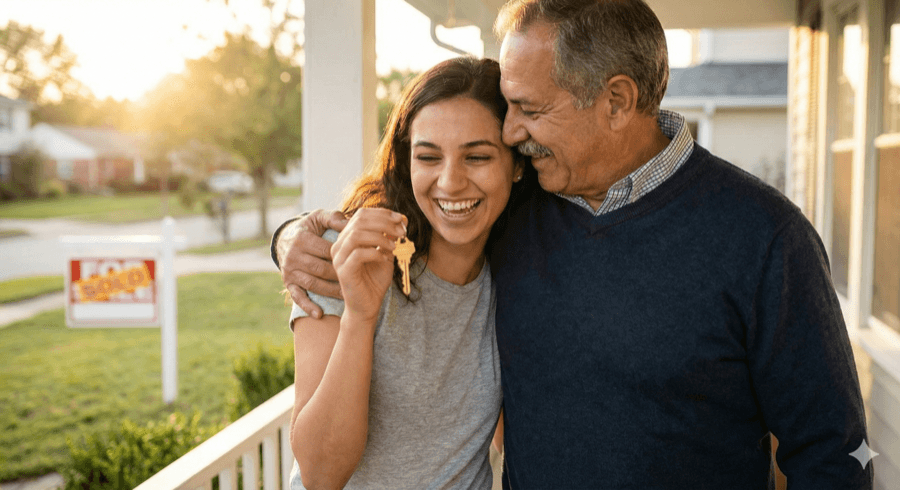 Parent and adult child celebrating homeownership milestone