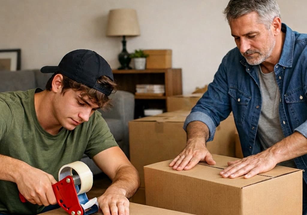 Father and adult son packing moving boxes together at home