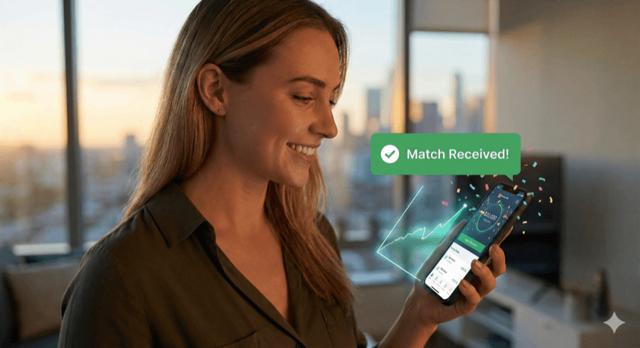Young professional receiving match notification