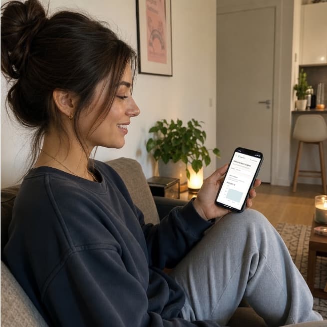 Young adult smiling while checking her savings on a phone