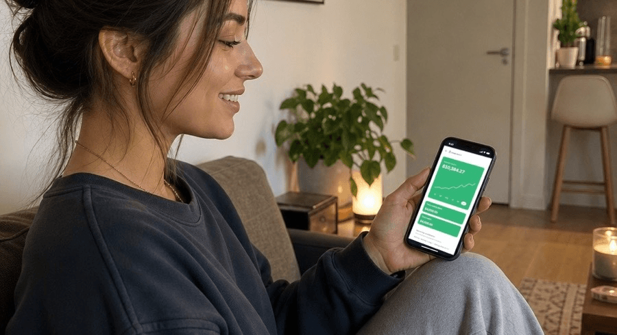 Young adult smiling while checking her Amply Match account growth on a phone