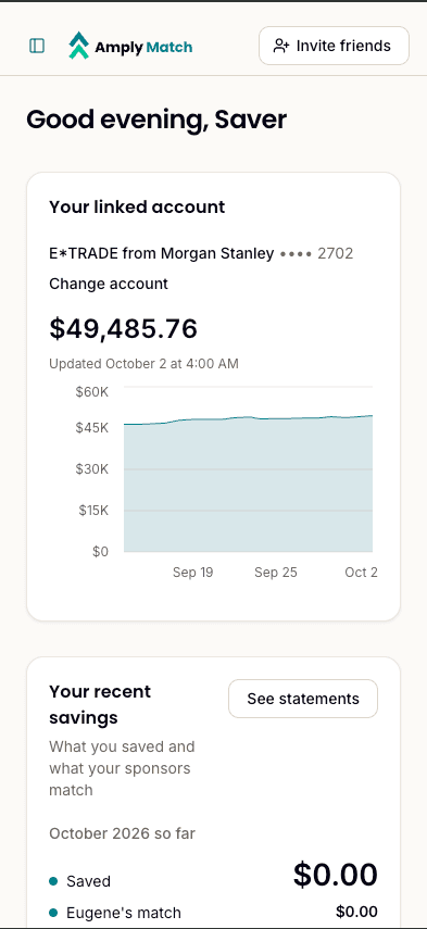 The Amply Match saver home screen showing a $49,485.76 linked account balance and October savings