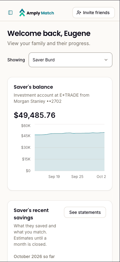The Amply Match sponsor home screen showing a saver's $49,485.76 balance and savings progress