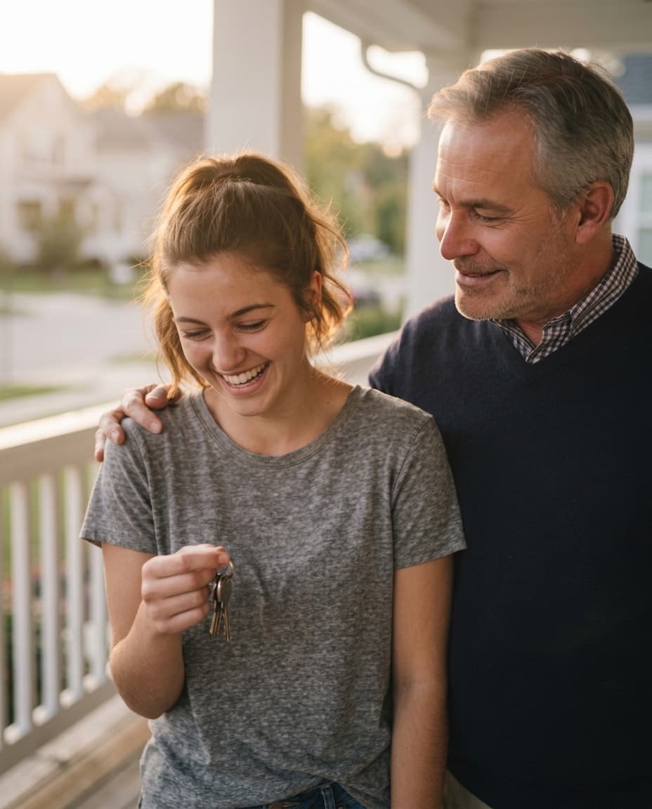 A father and his grown daughter laughing together on the porch of her first home, keys in her hand